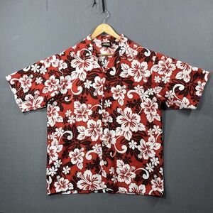 Vintage ODO Hawaiian Shirt Button L 90s Floral Hibiscus Mens Short Sleeve Red